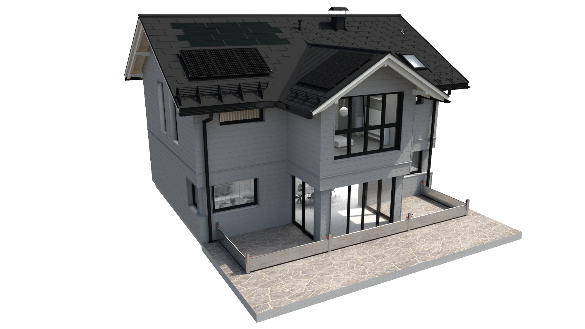 PREFA Komplettsystem mit Dachplatte R.16, Solardachplatte, Solarmodul PREFALZ, Siding Fassade, Dachentwässerung und Hochwasserschutz