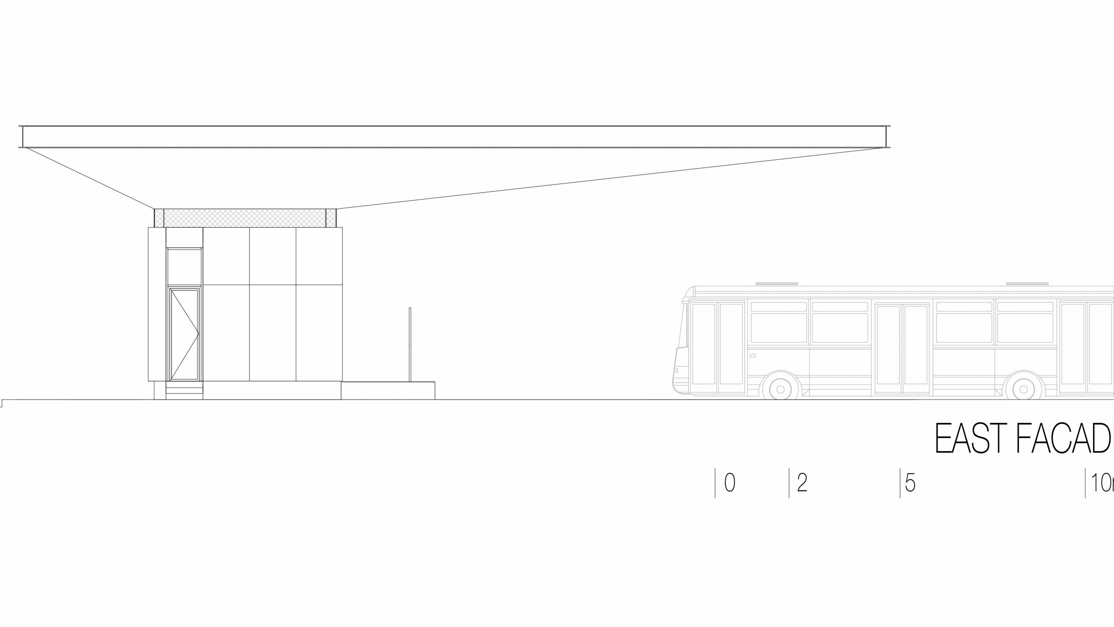 Na nacrtu se nalazi istočno pročelje autobusne postaje „Autobusni kolodvor Slavonski Brod“ u Hrvatskoj. Prikaz naglašava elegantnu horizontalnu strukturu bijelog Prefalz krova tvrtke PREFA koji se proteže cijelom duljinom zgrade. Ispod krova nalazi se pravokutna struktura čistih linija s velikim staklenim površinama. Na desnoj strani nacrta je vidljiv autobus, što daje predodžbu dimenzija postaje u odnosu na vozilo. Istočno pročelje naglašava modernu i funkcionalnu arhitekturu postaje, koja korištenjem stakla i aluminija stvara svjetlu i privlačnu atmosferu.