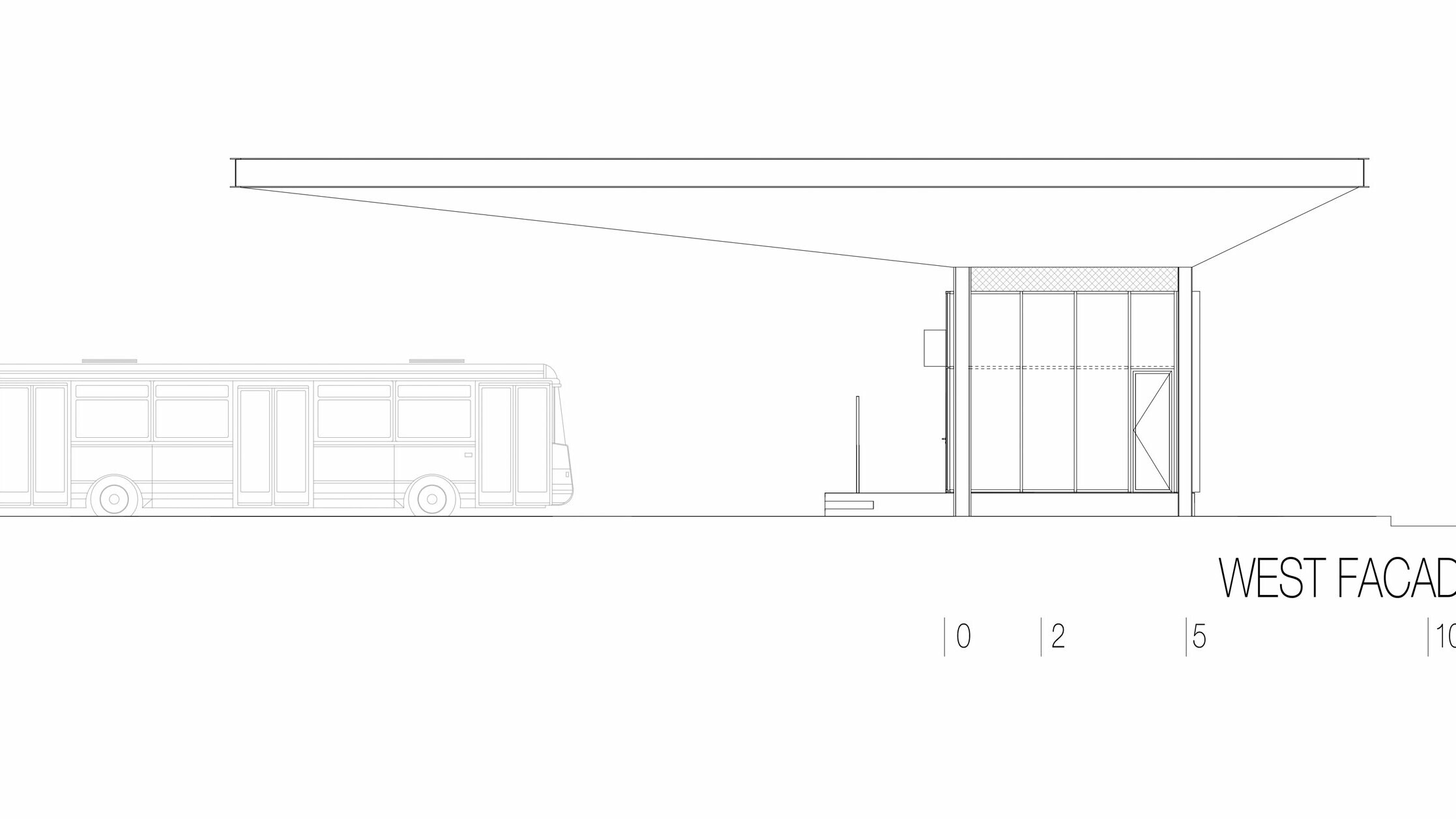 Na nacrtu se nalazi zapadno pročelje autobusne postaje „Autobusni kolodvor Slavonski Brod“ u Hrvatskoj. Prikaz naglašava dugi horizontalni bijeli Prefalz krov tvrtke PREFA koji strši iznad okolnog prostora. Na desnoj strani nacrta vidljiva je pravokutna struktura s velikim staklenim površinama i jasnim linijama. Na lijevoj se strani nalazi autobus, što daje predodžbu dimenzija postaje u odnosu na vozilo. Zapadno pročelje naglašava modernu i funkcionalnu arhitekturu postaje, koja zahvaljujući spoju stakla i aluminija stvara svjetlu i privlačnu atmosferu.