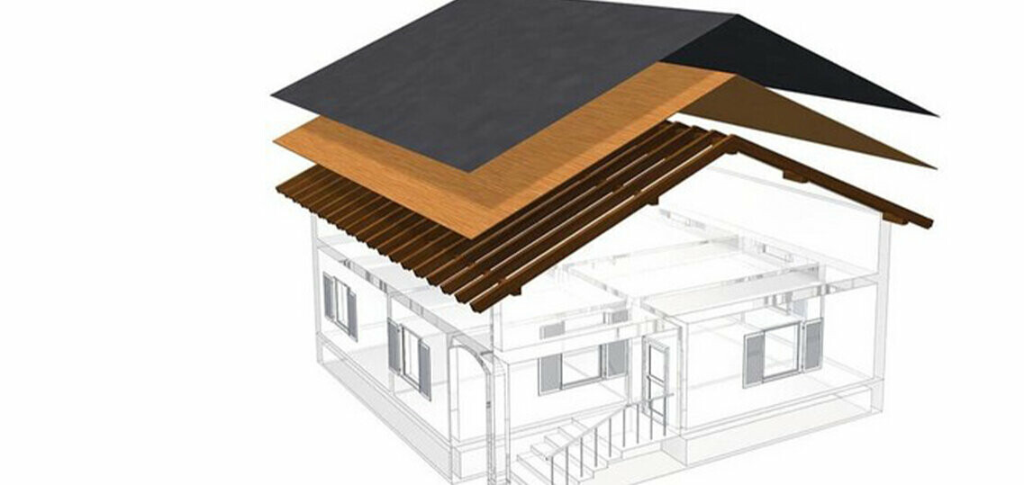 PREFA tehnička ilustracija jednoslojne krovne konstrukcije – potkrovlje nije stambeno jer služi kao ventilacijski prostor za metalni krov; Potpuna oplata i razdjelni sloj bez letvi; Topli krov